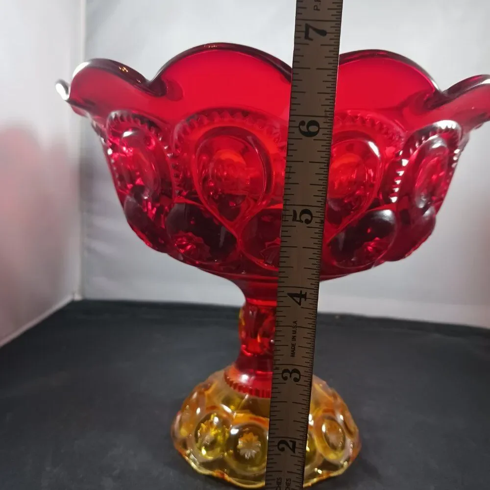 LE Smith Moon & Stars Red Orange Glass Pedestal Footed Compote Candy Dish Bowl